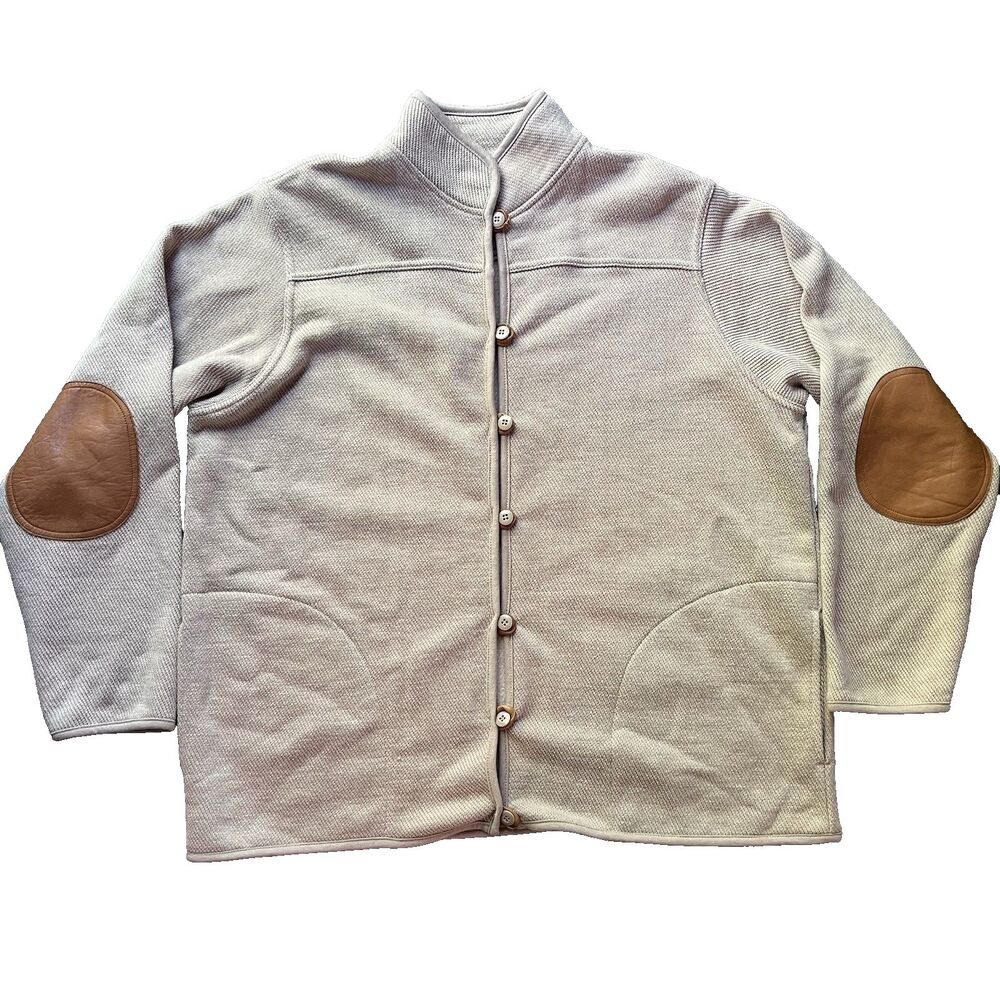 Orvis Cardigan Button Knit Sweater Jacket Elbow Patches Beige Men's Large